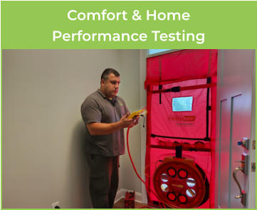 Tim Destasio takes a comfort reading from a home blower door test. Caption: Comfort Diagnosis and Energy Assessment