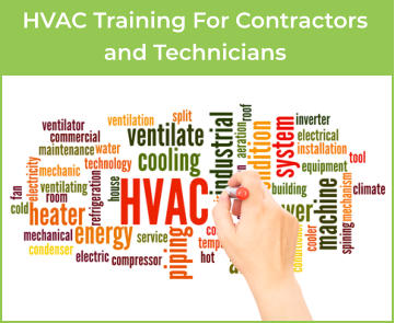 A hand with a pointing device is pointing at a word cloud  with words pertaining to HVAC. Caption: HVAC Training for Contractors and Technicians