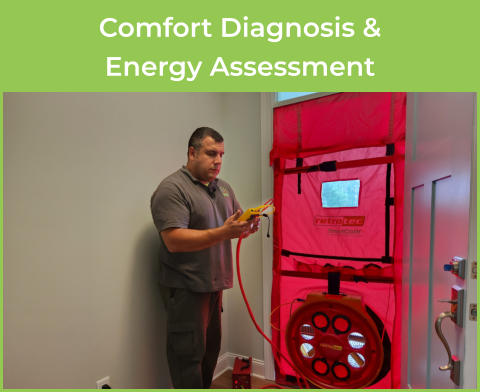 Tim Destasio takes a comfort reading from a home blower door test. Caption: Comfort Diagnosis and Energy Assessment