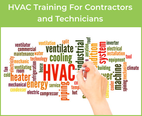 A hand with a pointing device is pointing at a word cloud  with words pertaining to HVAC. Caption: HVAC Training for Contractors and Technicians