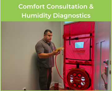Tim Destasio takes a comfort reading from a home blower door test. Caption: Comfort Diagnosis and Energy Assessment