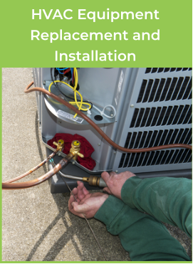 A technician is working on an outside air conditioning unit. The image shows the technicians hands holding tools. The cover is off the unit and pipes and wires are exposed. Caption: Air Conditioning and Heating Replacement and Installation