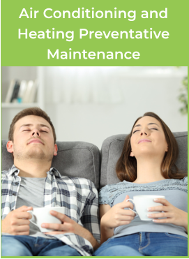 Young couple leans back on their couch with their eyes closed. They are holding coffee cups and smiling. Caption: Air Conditioning and Heating Preventative Maintenance
