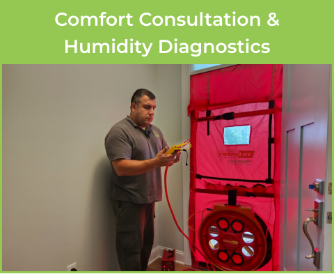 Tim Destasio takes a comfort reading from a home blower door test. Caption: Comfort Diagnosis and Energy Assessment