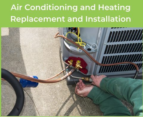 A technician is working on an outside air conditioning unit. The image shows the technicians hands holding tools. The cover is off the unit and pipes and wires are exposed. Caption: Air Conditioning and Heating Replacement and Installation