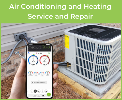 A technician is using a mobile phone with the MeasureQuick app displayed. He is holding in front of an outdoor AC unit. Caption: Air Conditioning and Heating Service and Repair